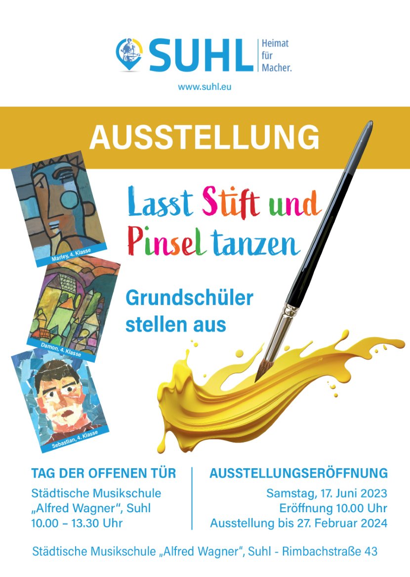 Plakat mit einem Pinsel, bunten Bildern und bunter Schrift als Einladung zur Ausstellung